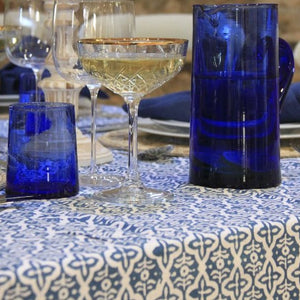 Blue block printed tablecloth