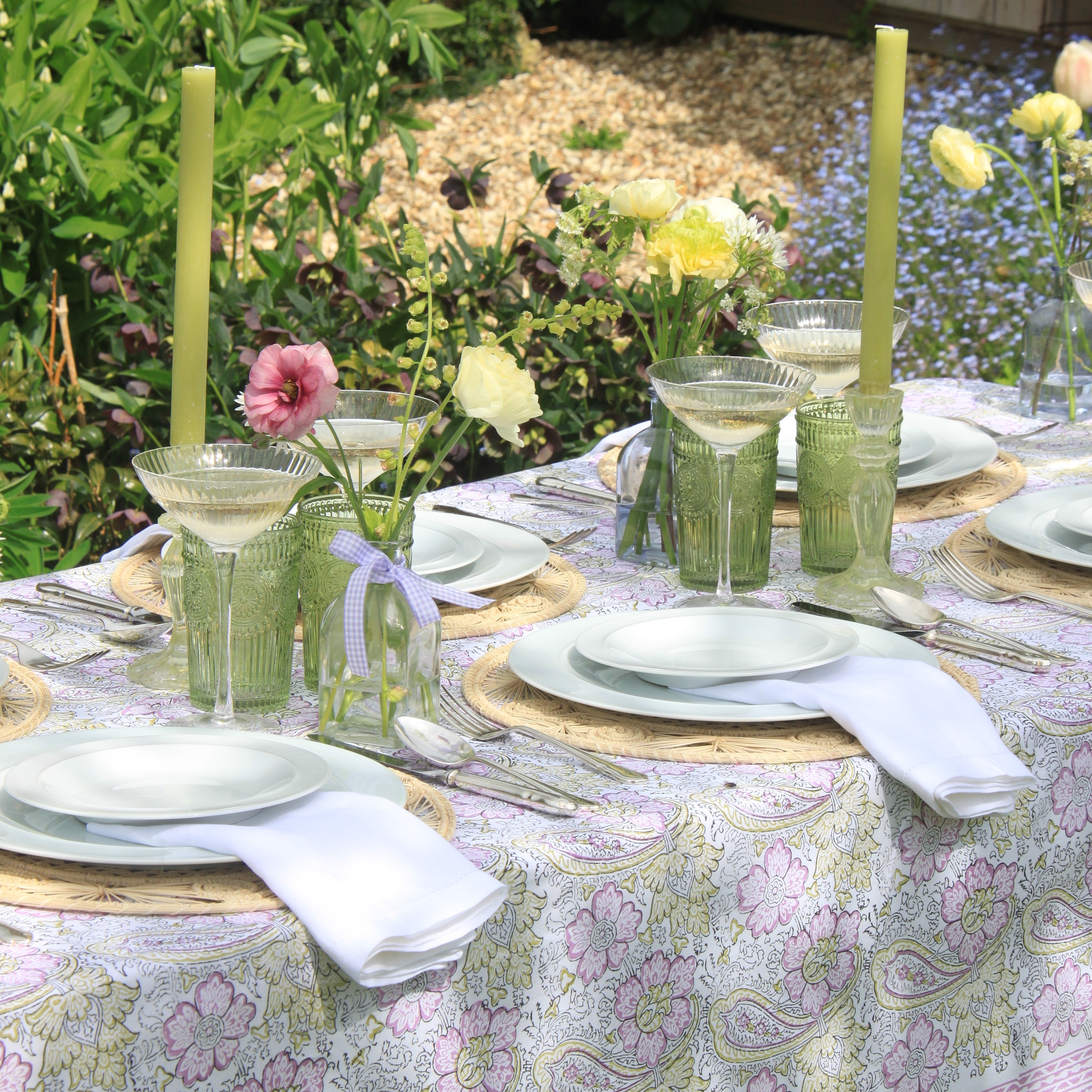 champagne glasses on summer tablescape