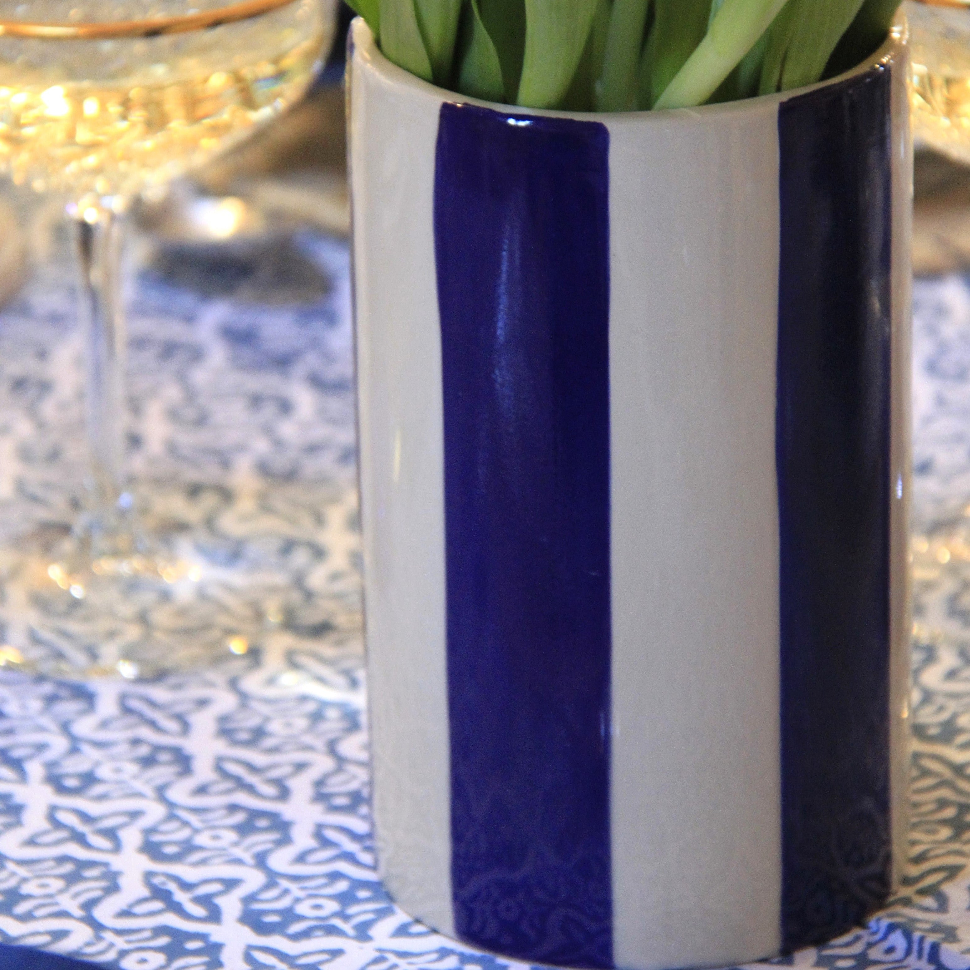 Blue & White Striped ceramic vase