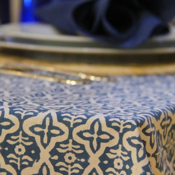 Blue block printed cotton tablecloth
