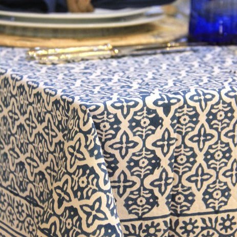 Blue patterned tablecloth