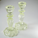 Load image into Gallery viewer, BOTANICAL GREEN GLASS LACE-EDGE CANDLESTICKS - Pair
