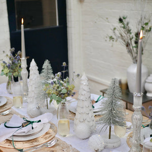 Silvery White Candlesticks Christmas Tablescape