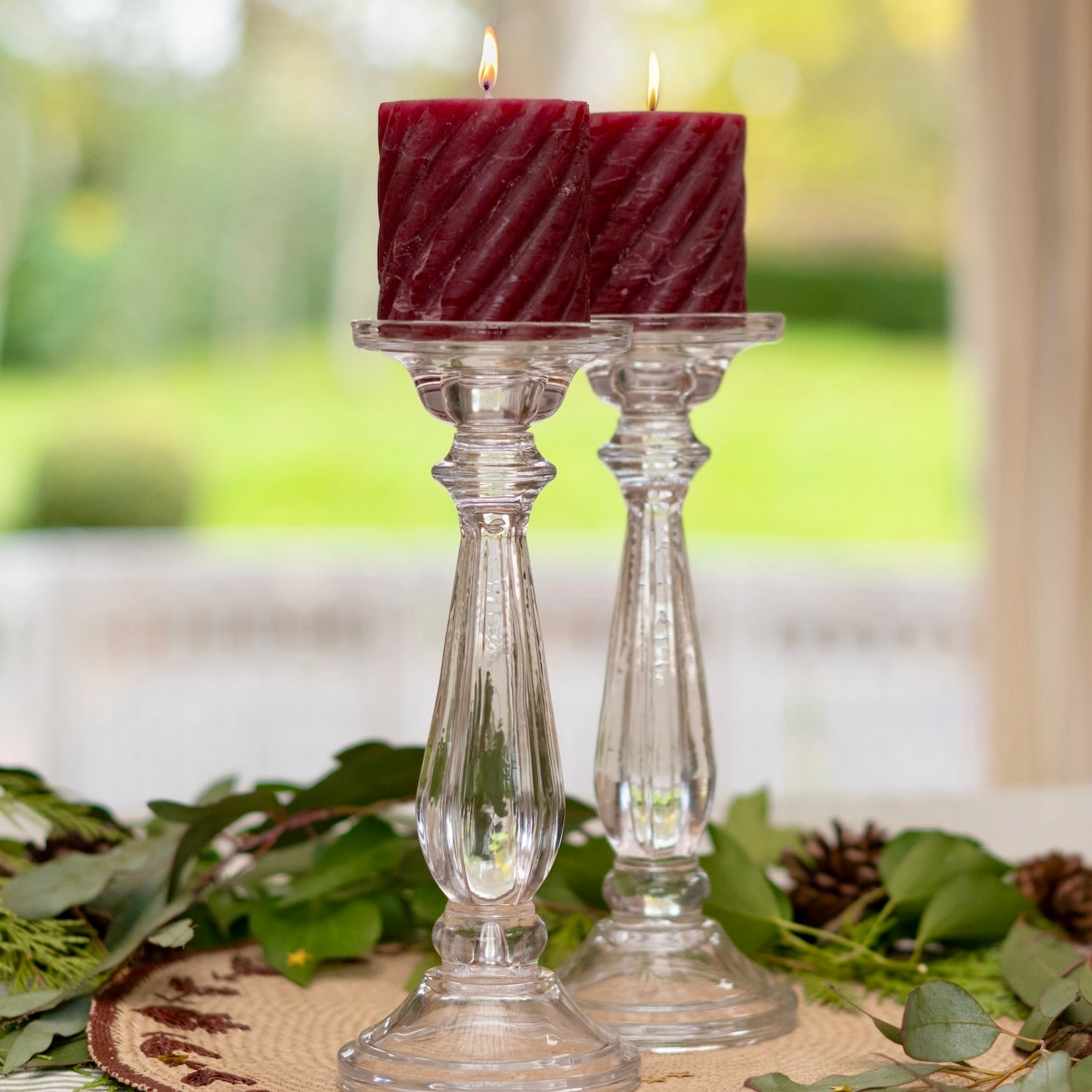 BURGUNDY SCALLOPED PILLAR CANDLES - PAIR