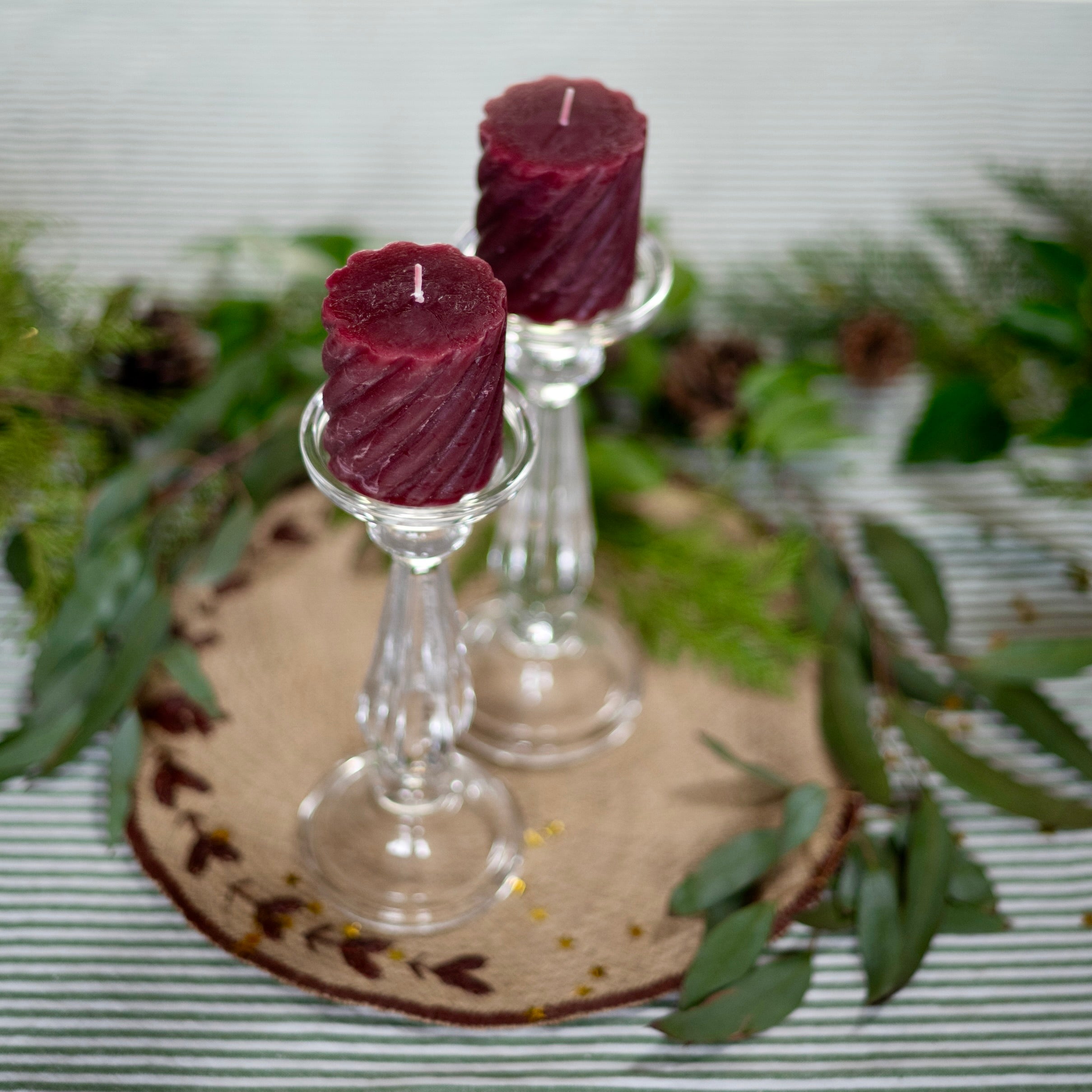 BURGUNDY SCALLOPED PILLAR CANDLES - PAIR