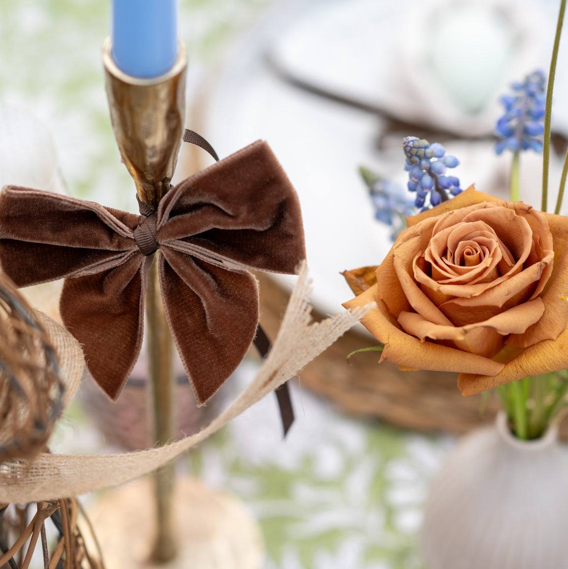 Gold Candlesticks with mocha velvet bow 