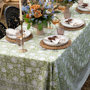 Tablescape with green floral tablecloth