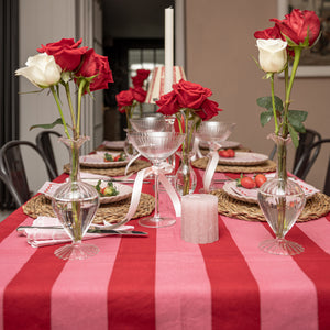 Red and pink stripped tablecloth