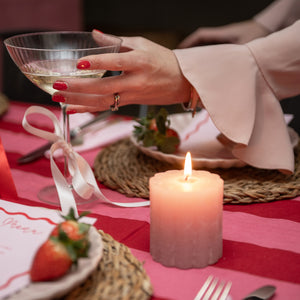 red and pink stripped tablecloth