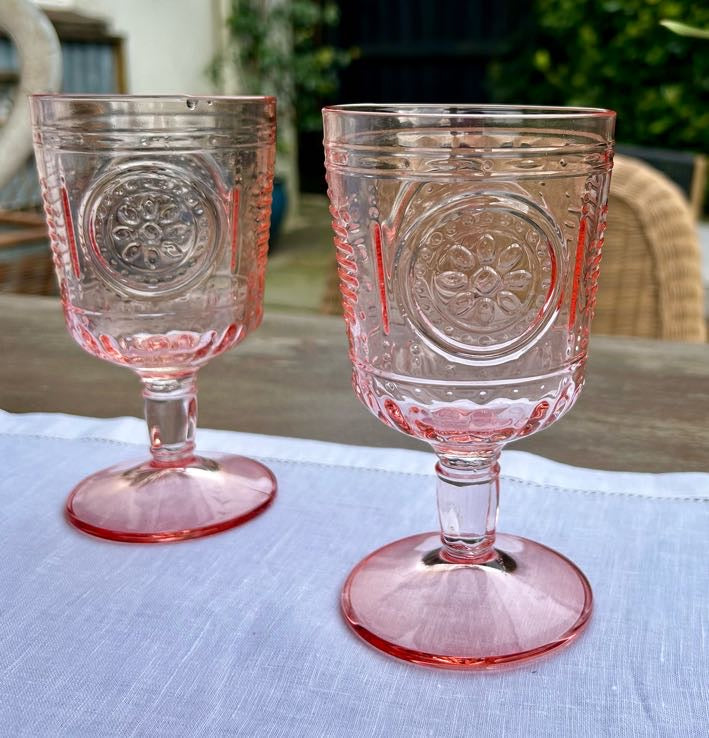 Pink floral wine glasses