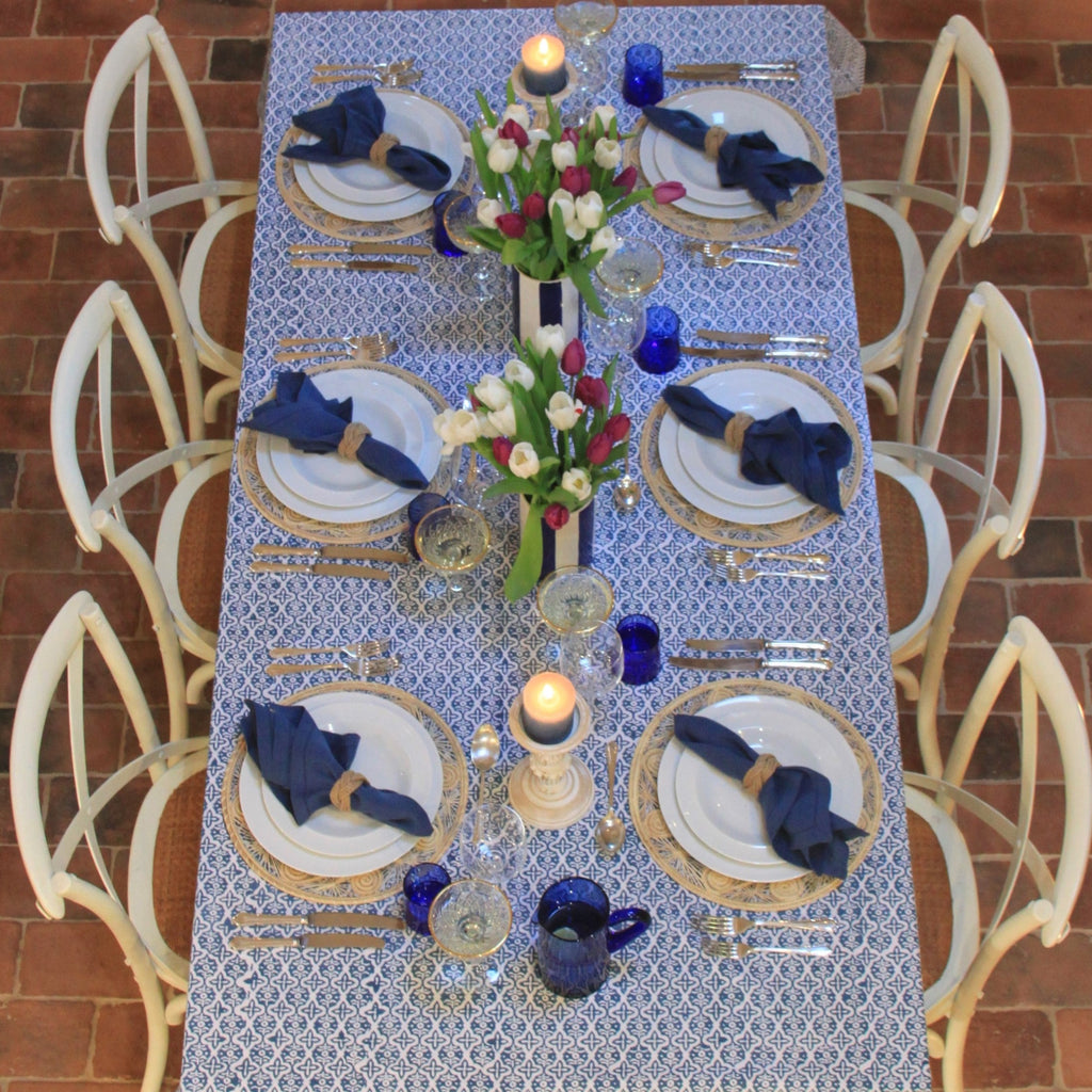 Blue block printed cotton tablecloth