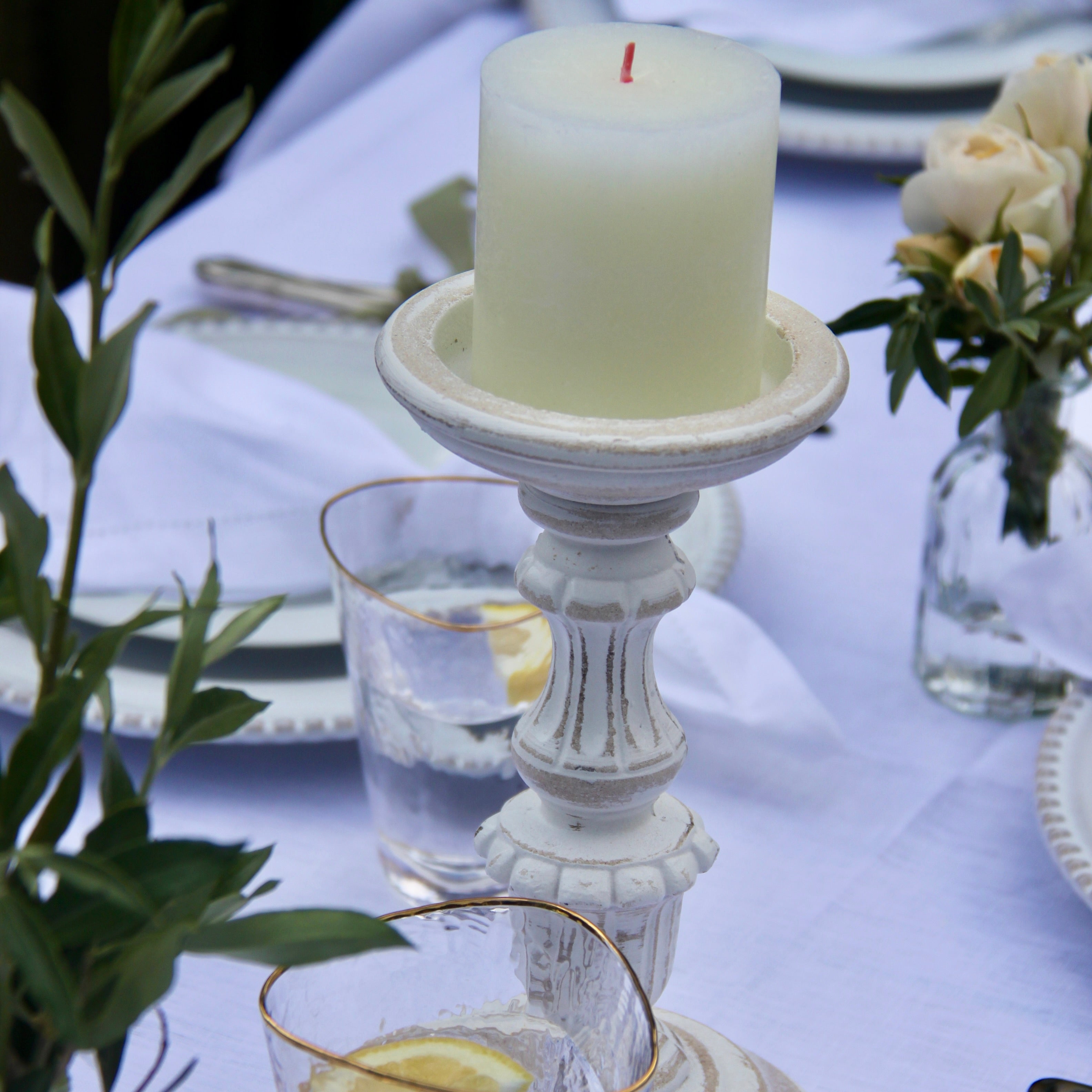 CLOUDY WHITE PILLAR CANDLES - Pair