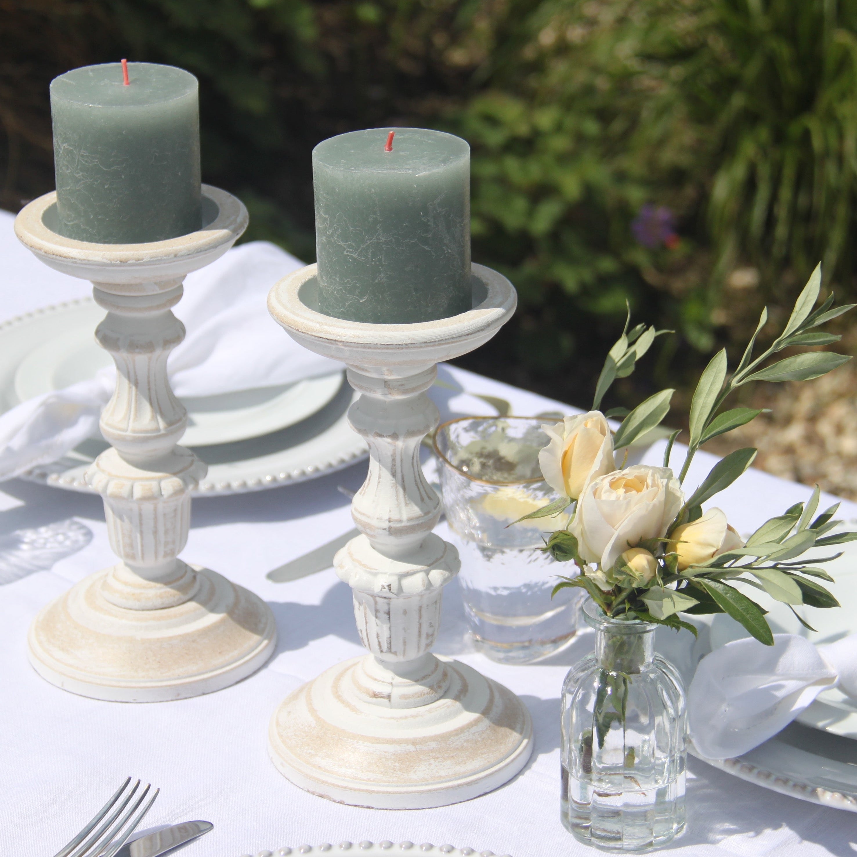 WHITE WOODEN CANDLE HOLDERS - Pair