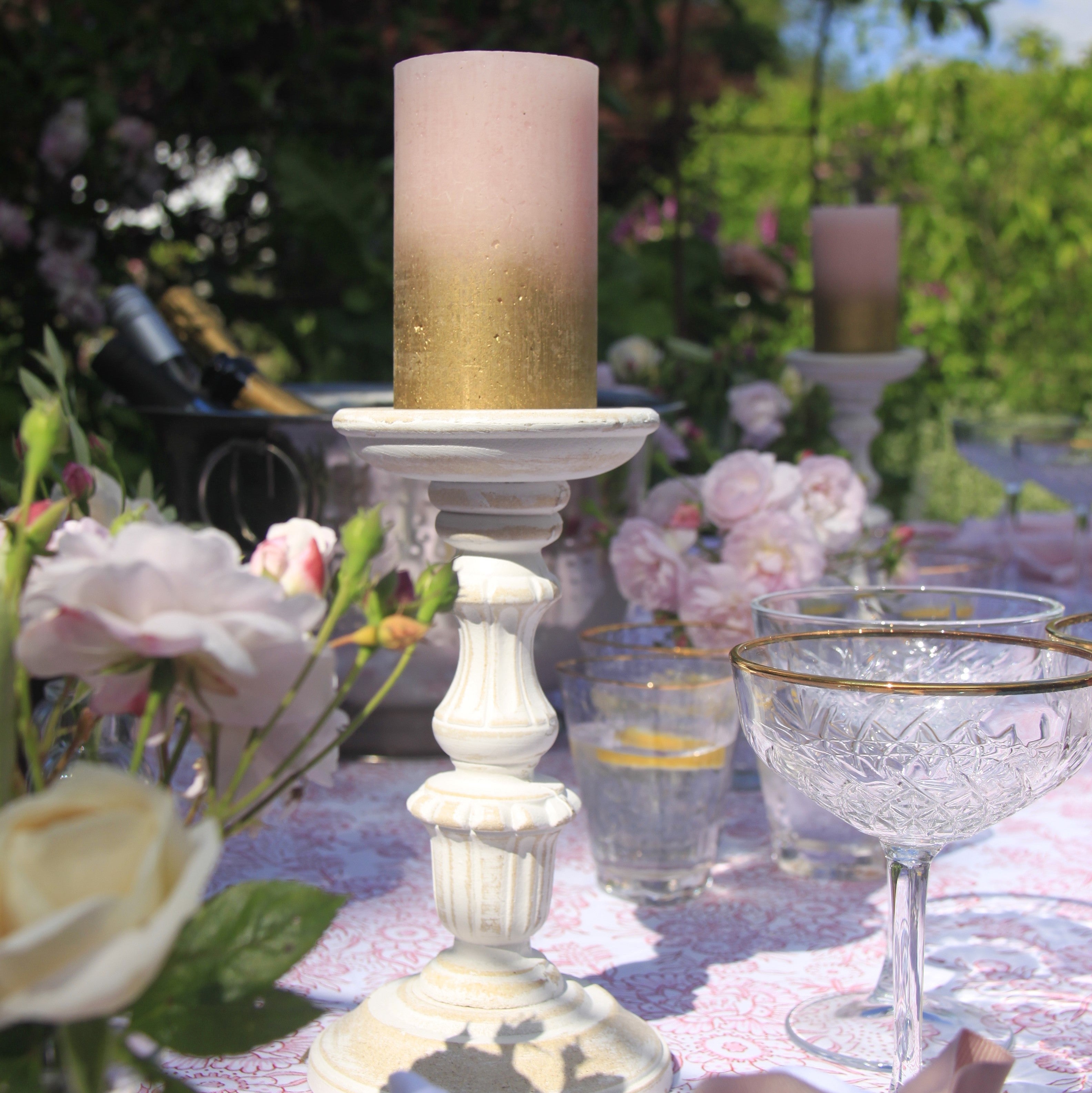 WHITE WOODEN CANDLE HOLDERS - Pair