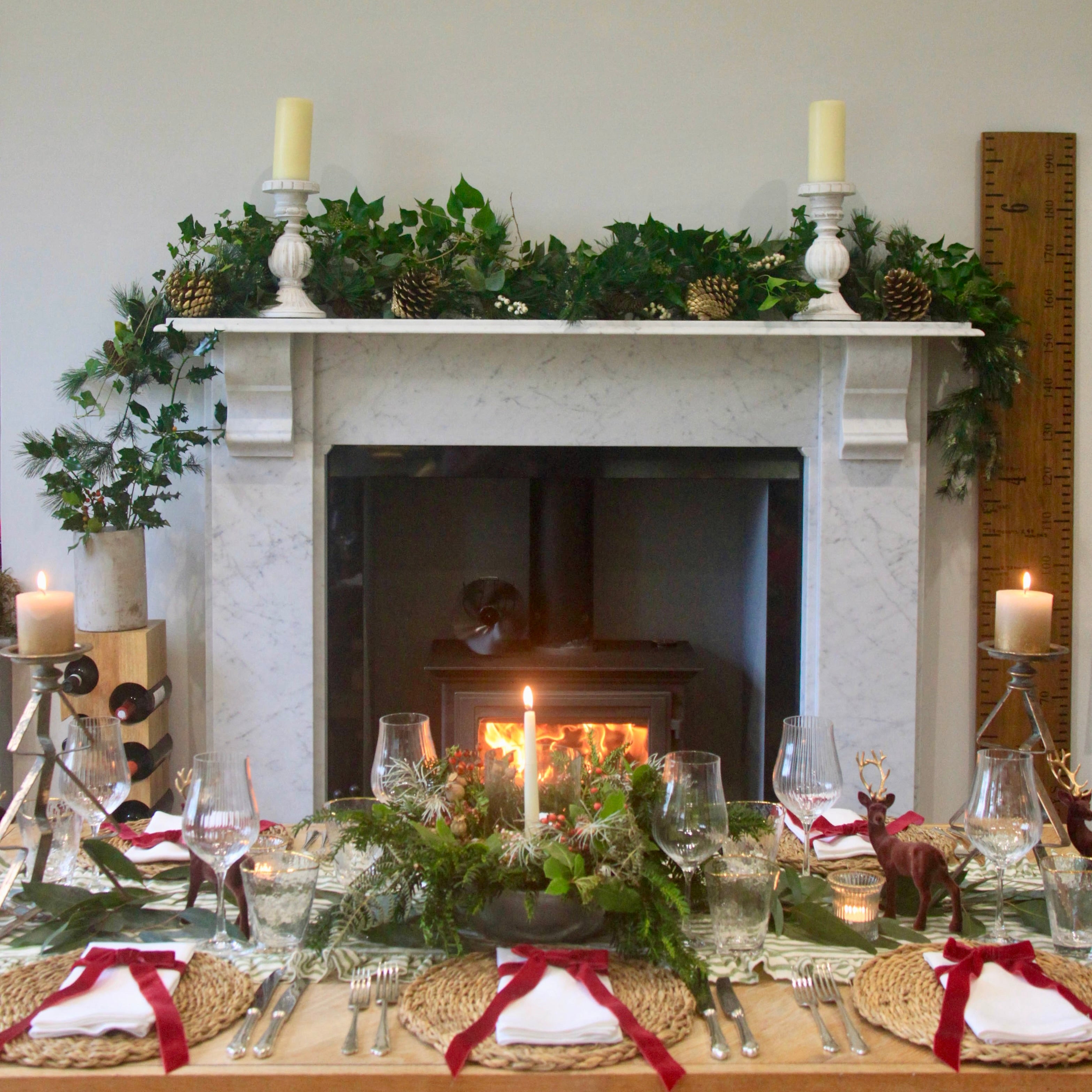 Green and white ruffled table runner