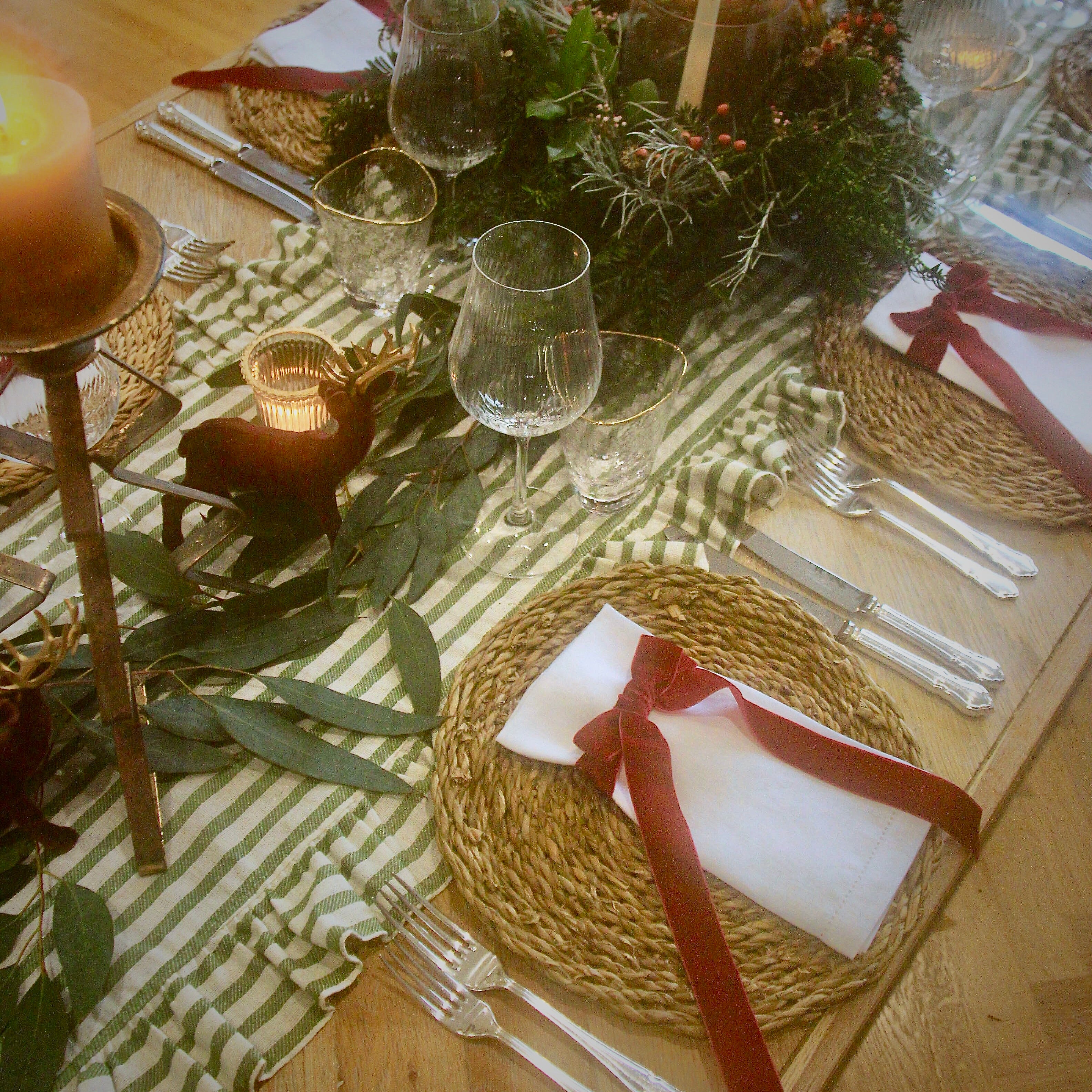 Green and White Stripped table runner