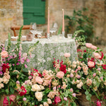Load image into Gallery viewer, green floral tablecloth for wedding tablescape hire
