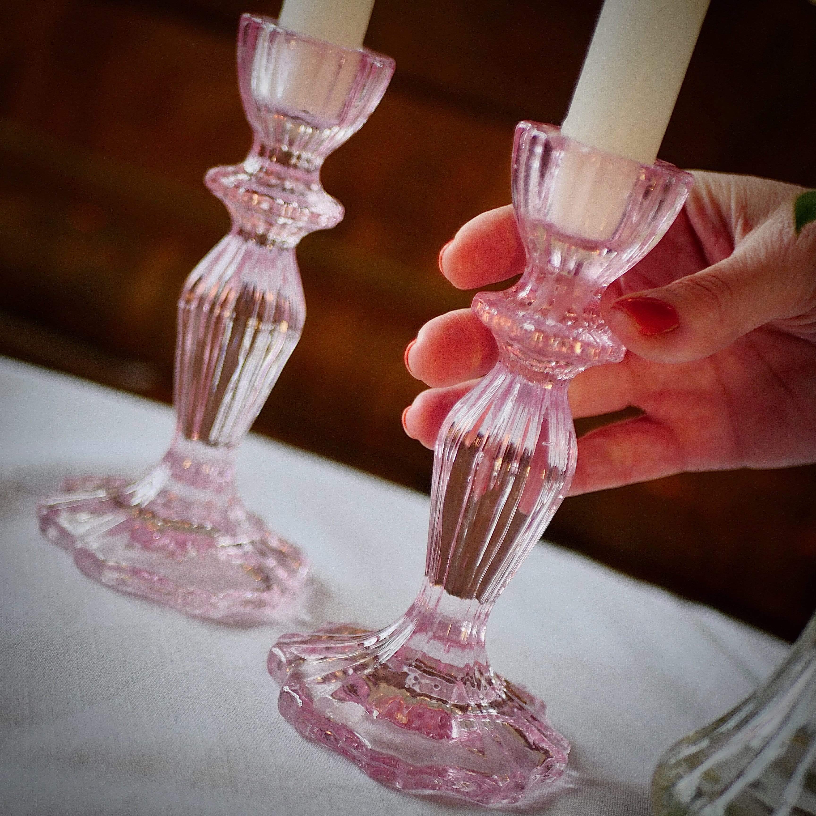 PINK LACE-EDGE CANDLESTICKS - Pair