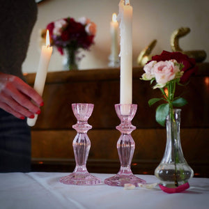 PINK LACE-EDGE CANDLESTICKS - Pair