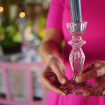 Load image into Gallery viewer, pink, lace edge glass candlesticks
