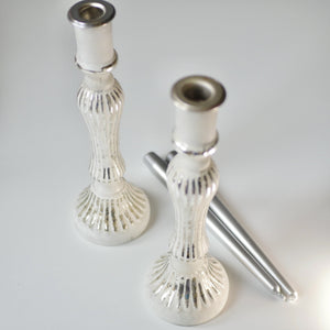 White Glass Candlesticks Silver Candles