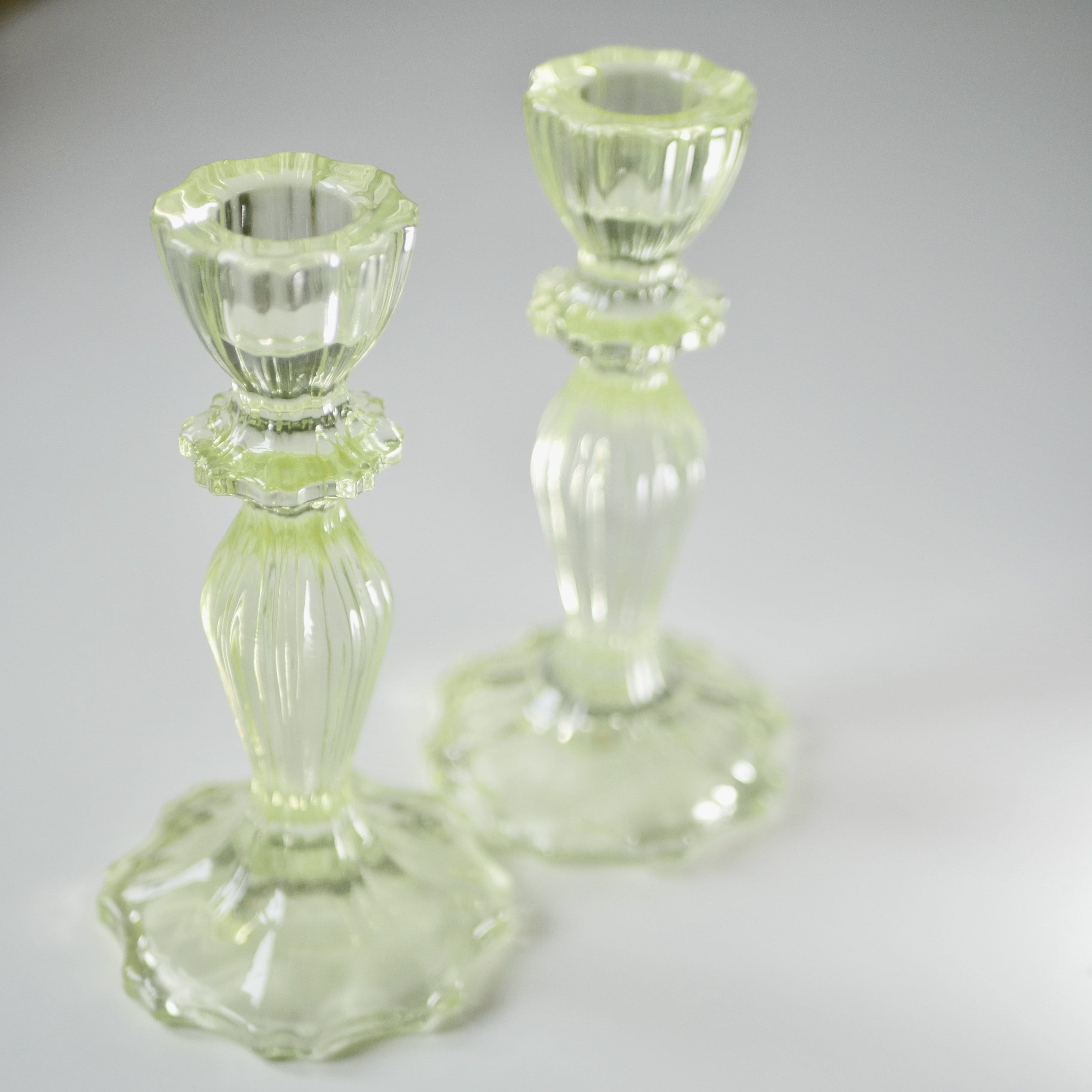 BOTANICAL GREEN GLASS LACE-EDGE CANDLESTICKS - Pair