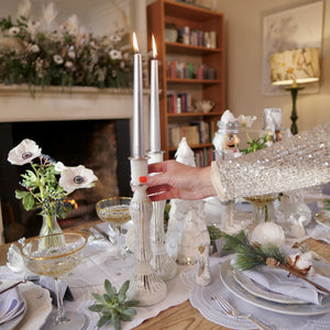White Glass Candlesticks, Christmas Tablescape