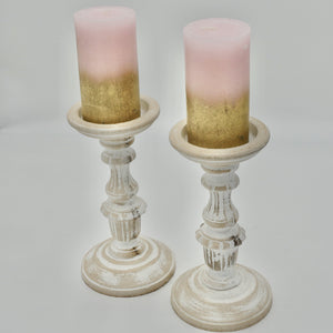 WHITE WOODEN CANDLE HOLDERS - Pair