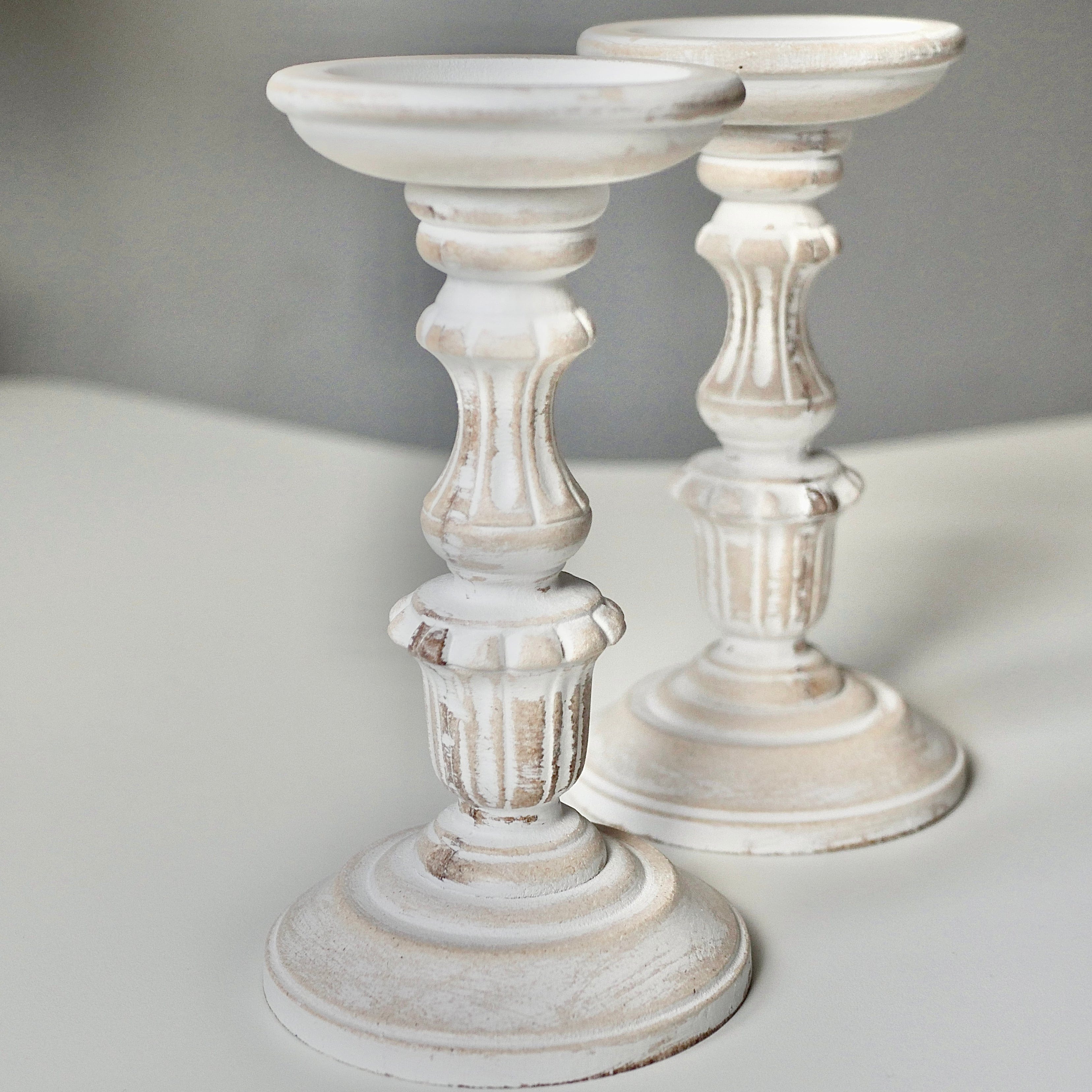 White Wooden Pillar Candle Holders