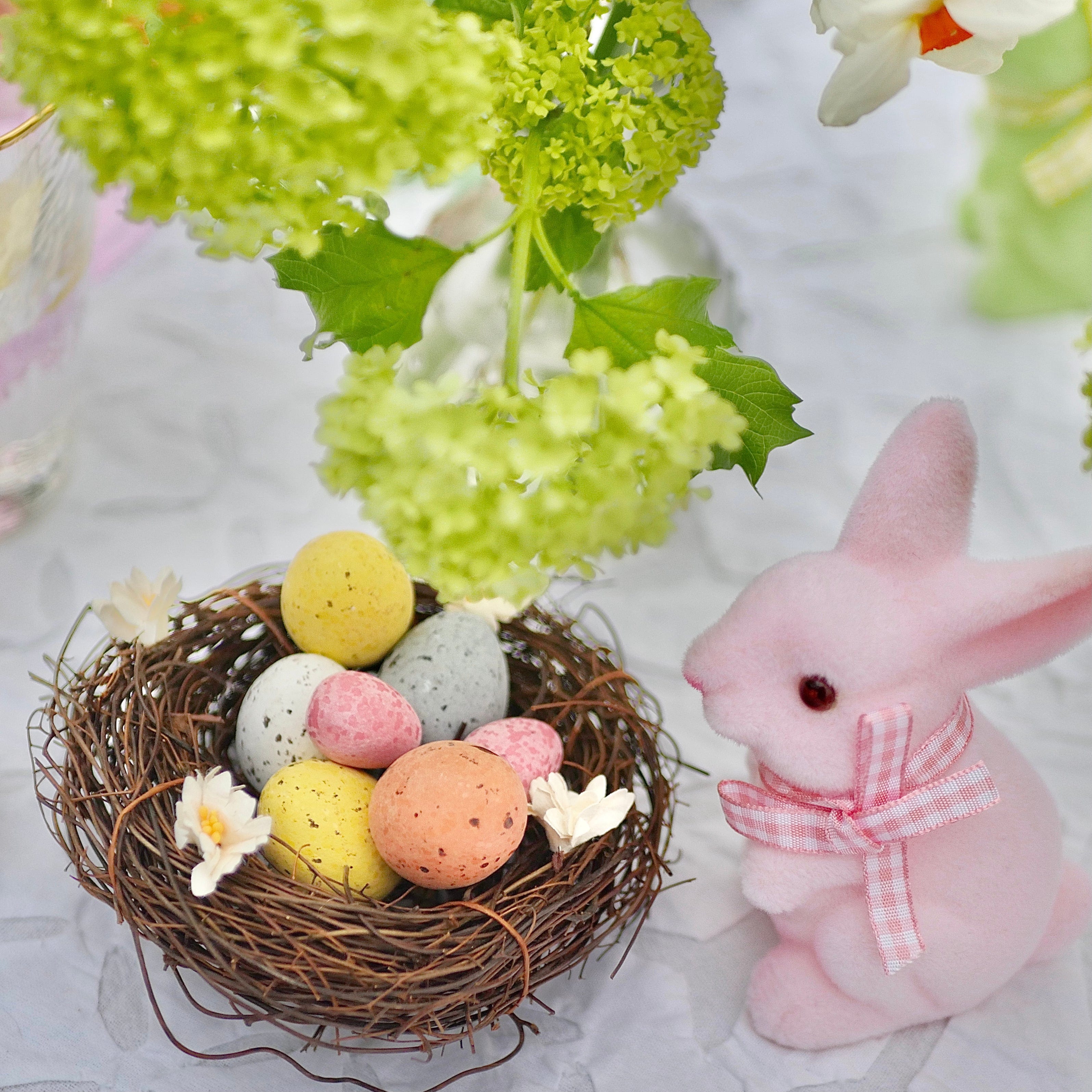 Easter Nest with Pink flocked bunny rabbit - Easter Decorations