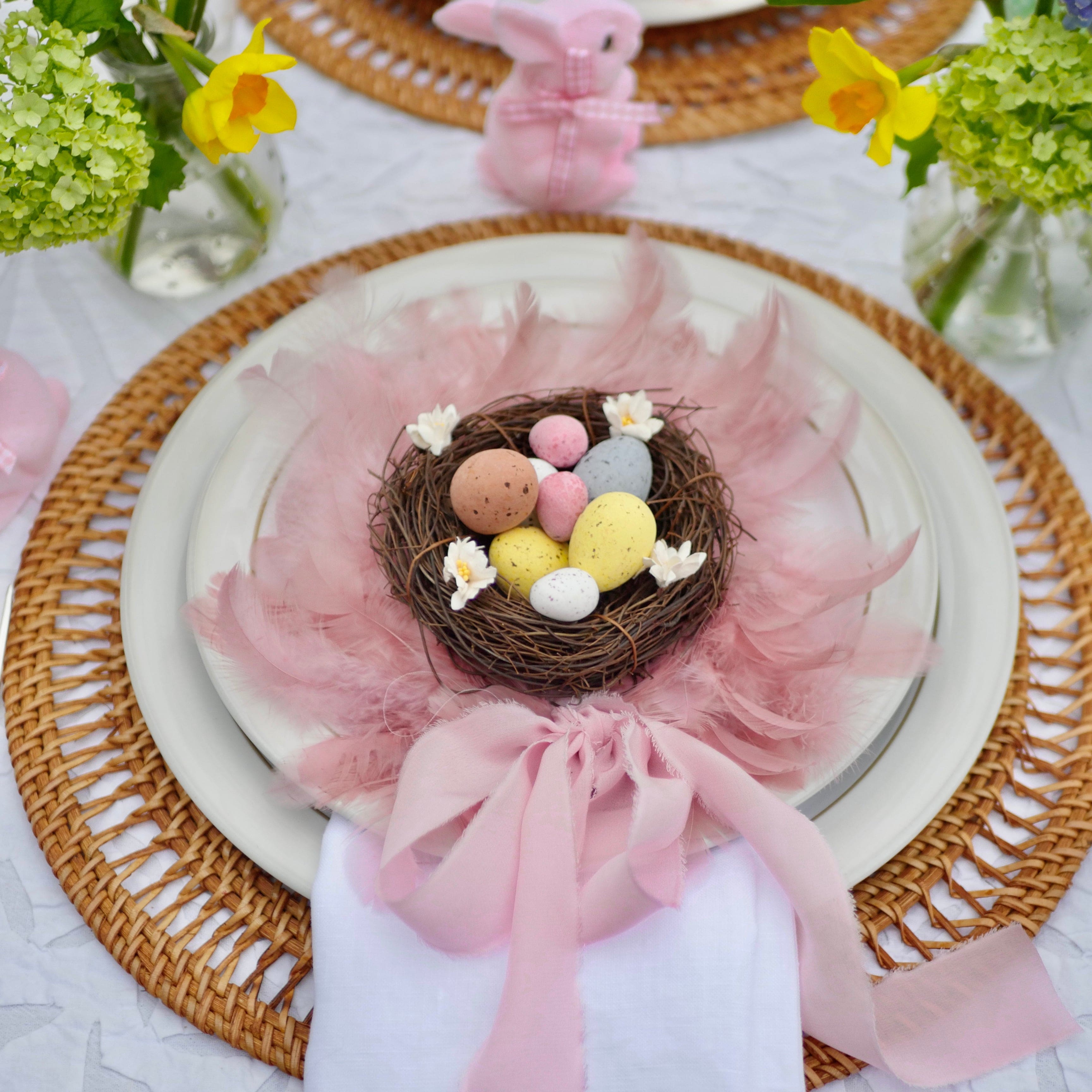 Easter nest with pink feather wreath on Easter Tablescape
